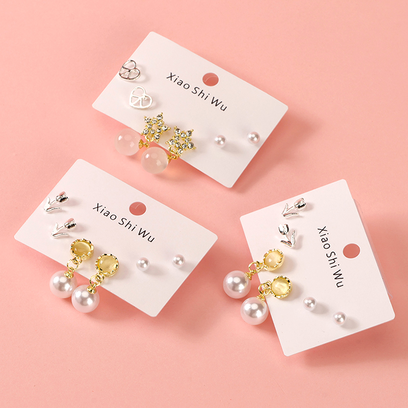 Three pairs of fashion pearl rhinestone stud earrings