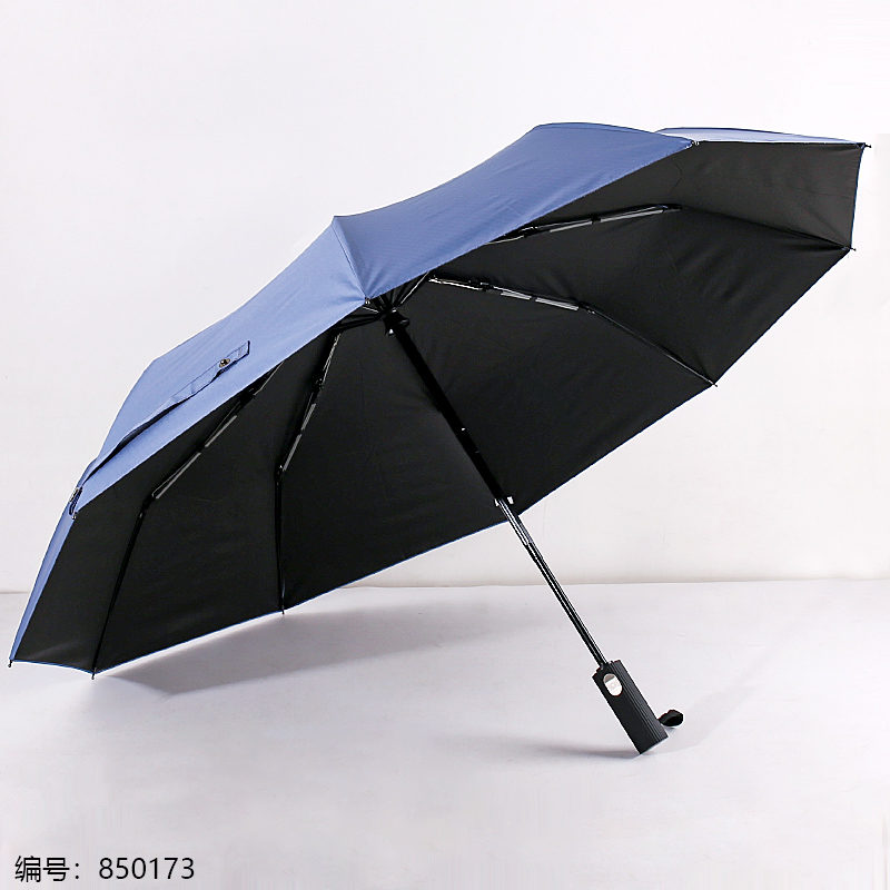 F3024 Three-Fold Auto Open Black Coating Umbrella with Striped Handle