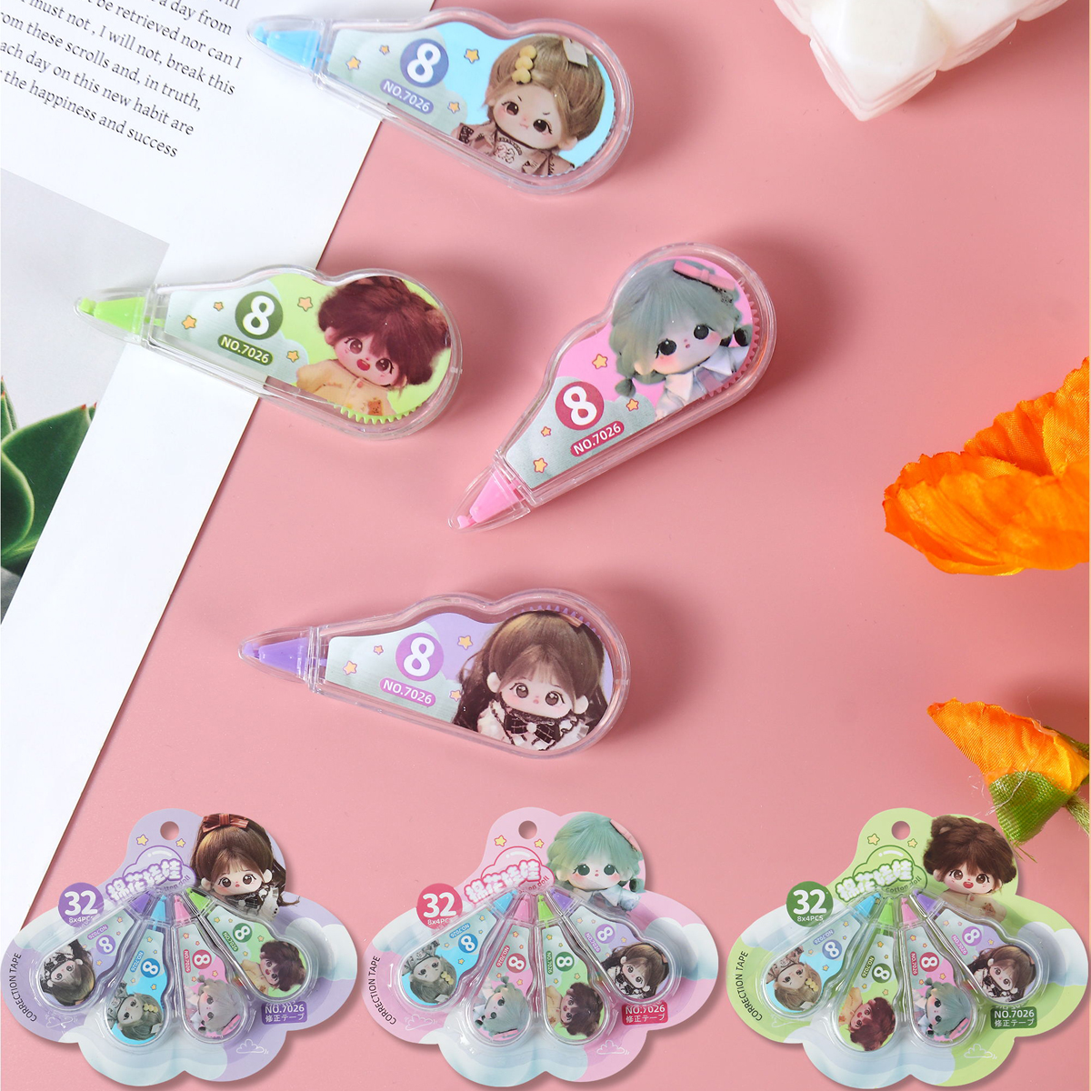 Bộ 4 cuộn băng dính sửa lỗi Gino 7026 họa tiết hoạt hình