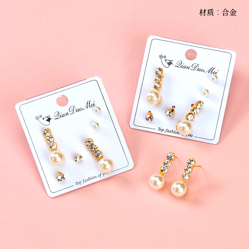 Long point drill pearl three pairs of earrings