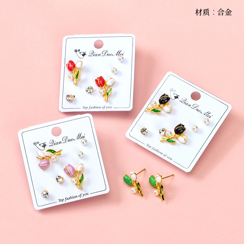 Long tulip three pairs of stud earrings