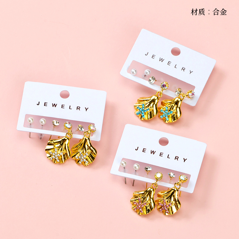 Pocket colored diamond flower three pairs of stud earrings