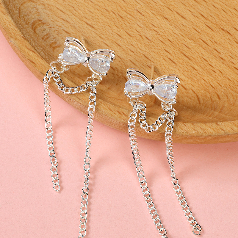 Long Zircon Bow Tassel Stud Earrings
