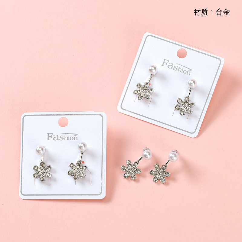 Long Diamond Flower Pearl Earrings