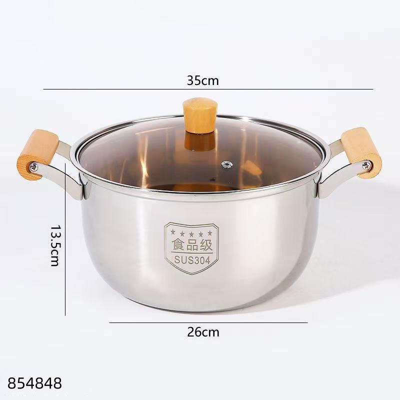 26cm Stainless Steel 304 Soup Pot with Oak Handles