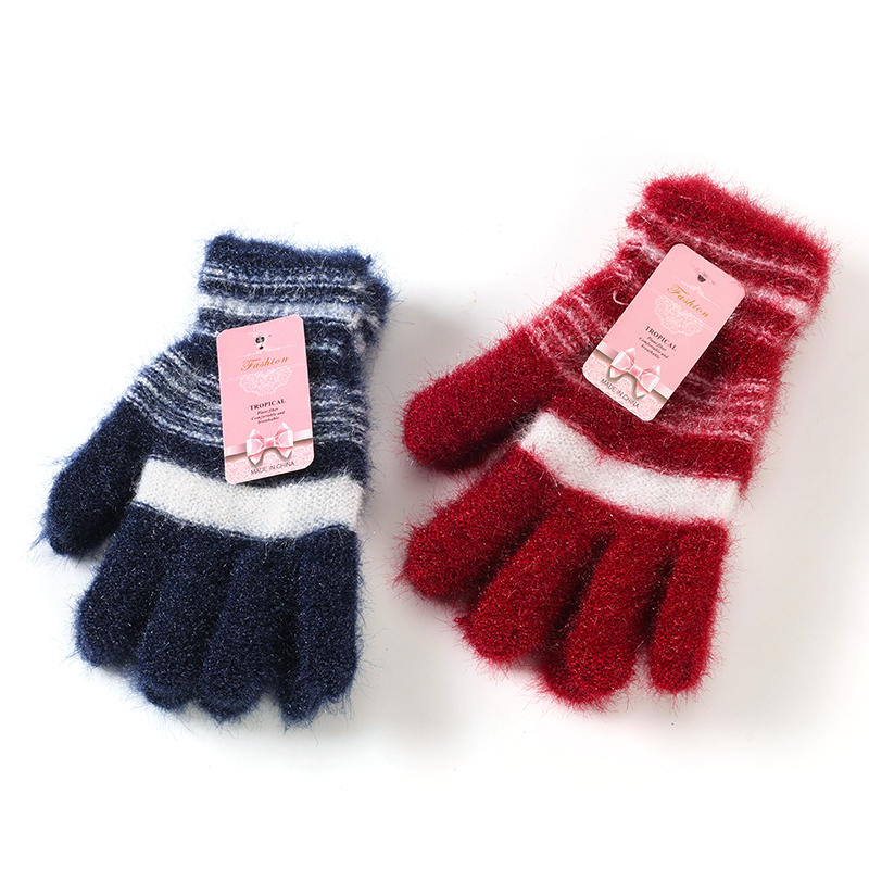 Women's striped cat hair full finger gloves