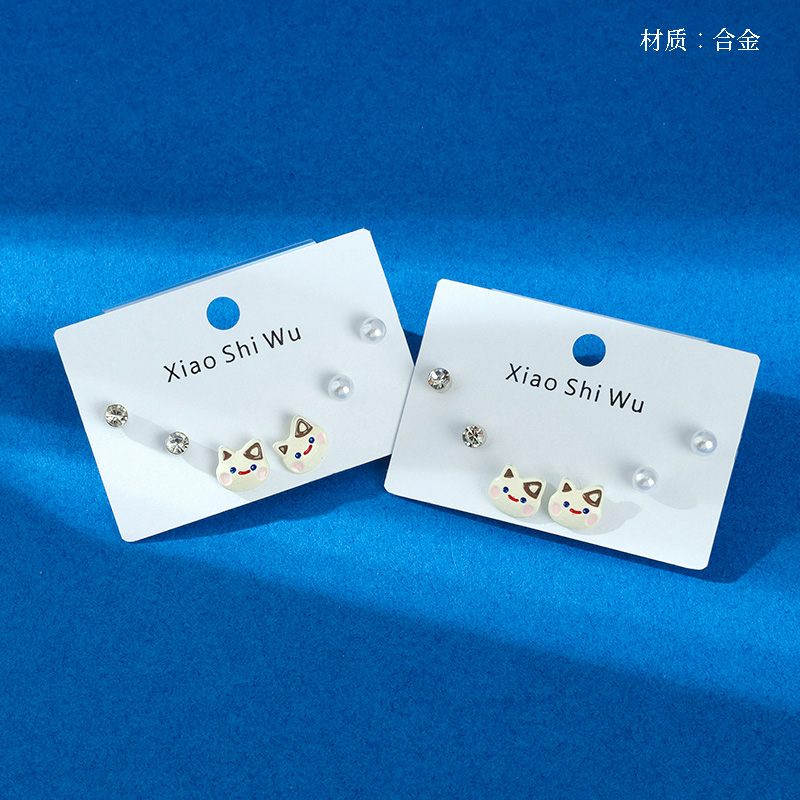 Three Pair of Drop Oil Rhinestone Pearl Stud Earrings