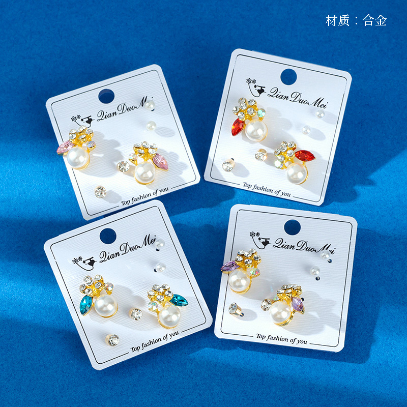 Long crystal pearl flower stud earrings (3 pairs)