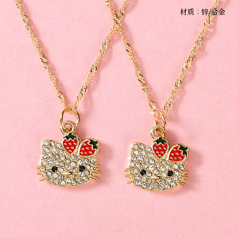 Full Diamond Strawberry KT Cat Water Ripple Necklace