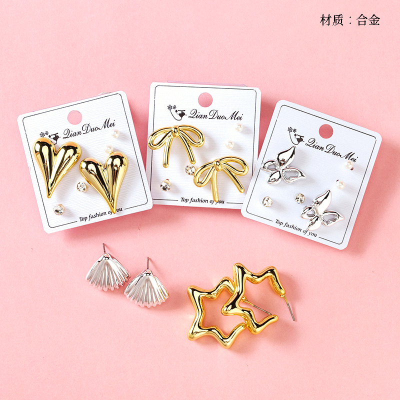 Long retro gold and silver stud earrings (3 pairs)