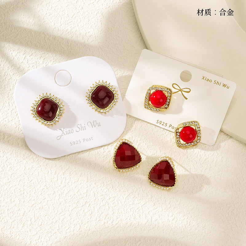 Vintage Red Drop Stud Earrings