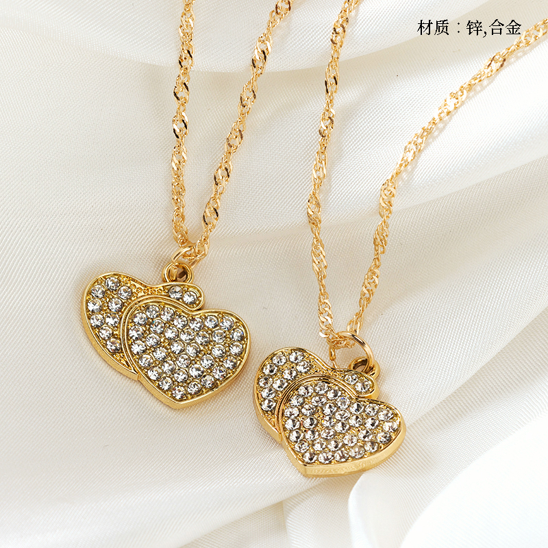 Diamond Double Heart Water Ripple Necklace