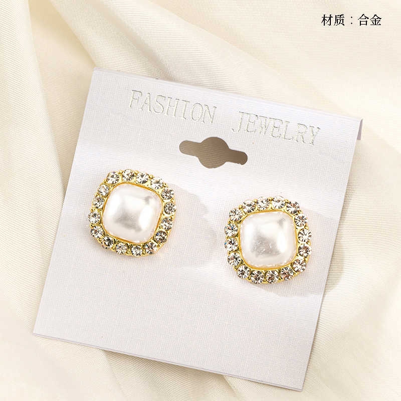 Full circle diamond square pearl stud earrings
