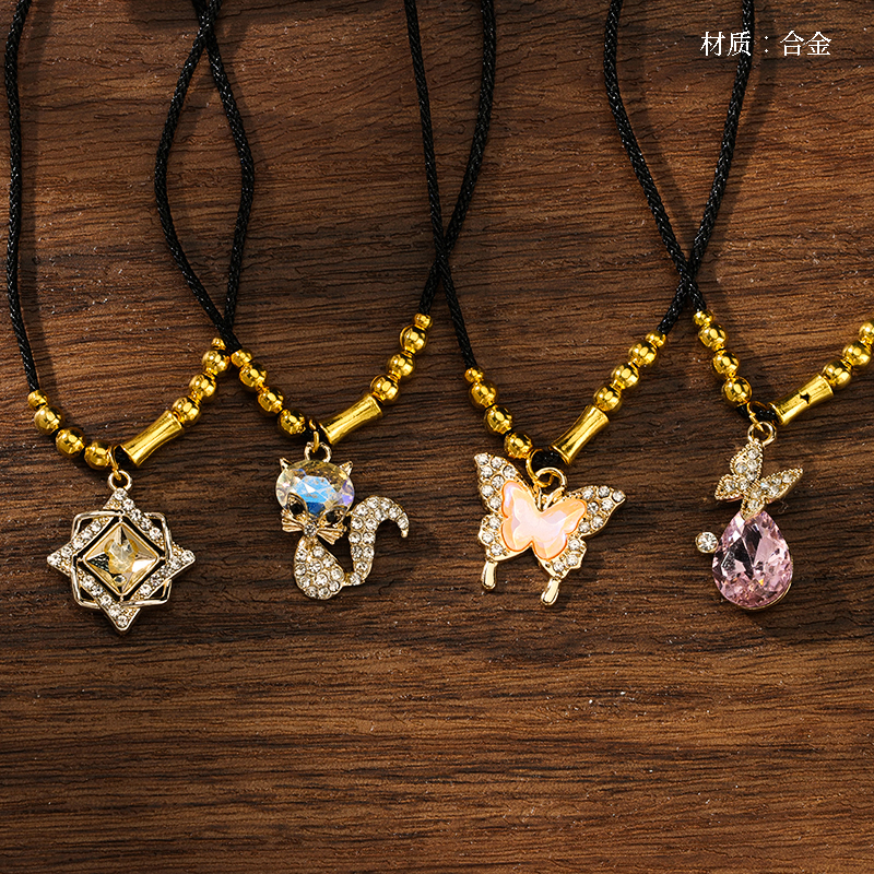 Black Rope Gold Bead Crystal Pendant Necklace