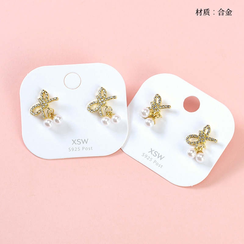 Full Diamond Bow Pearl Tassel Earrings