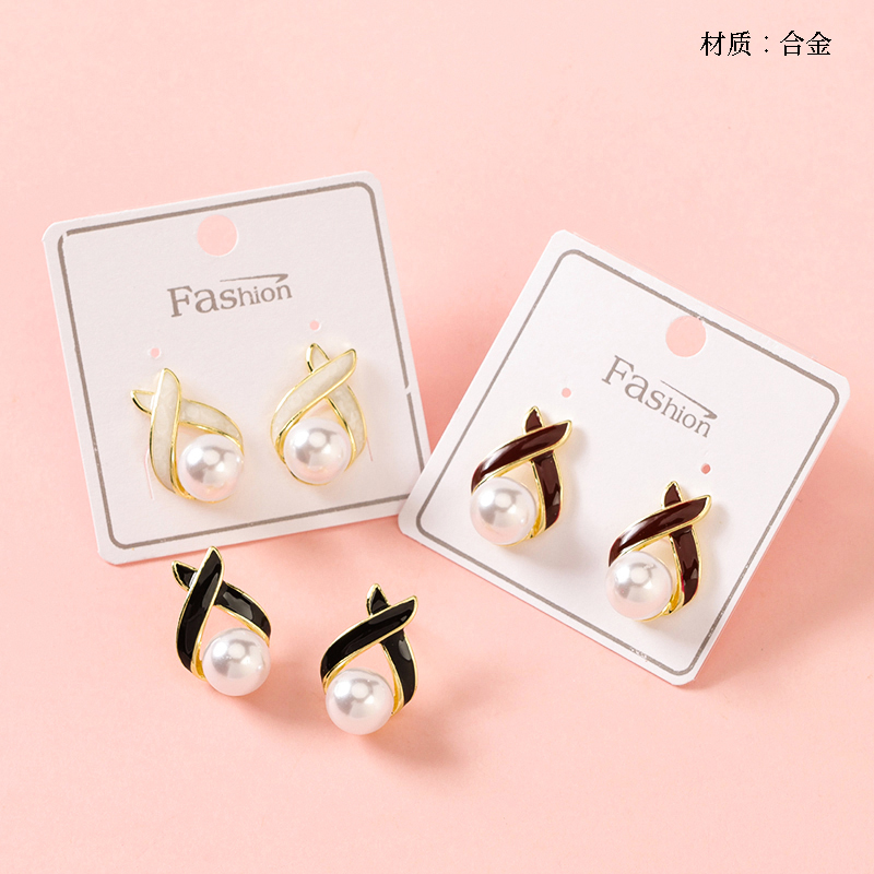 Long oil drop cross pearl stud earrings