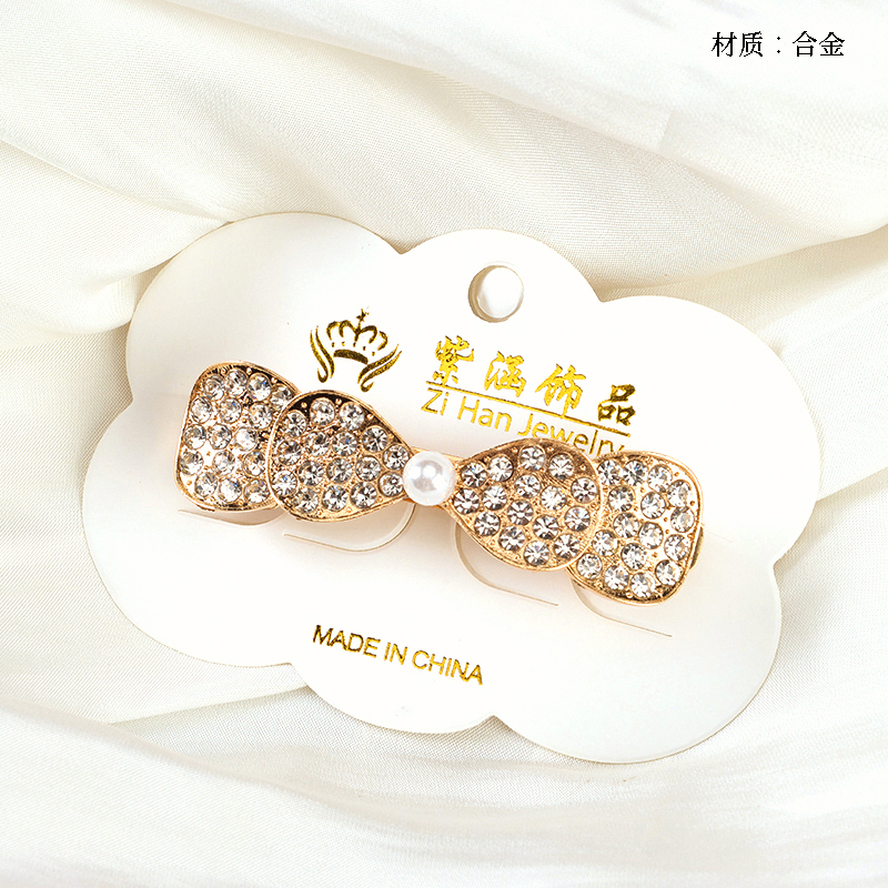 Double-layer full-diamond pearl bow tie cross clip