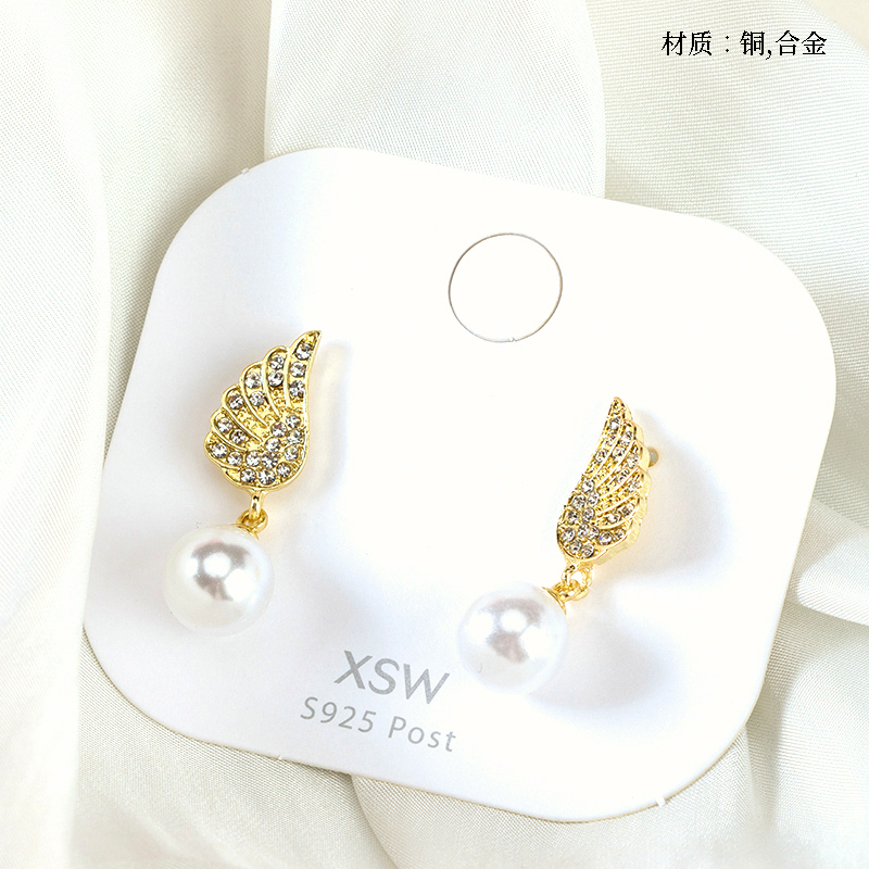 Full diamond wings pearl earrings
