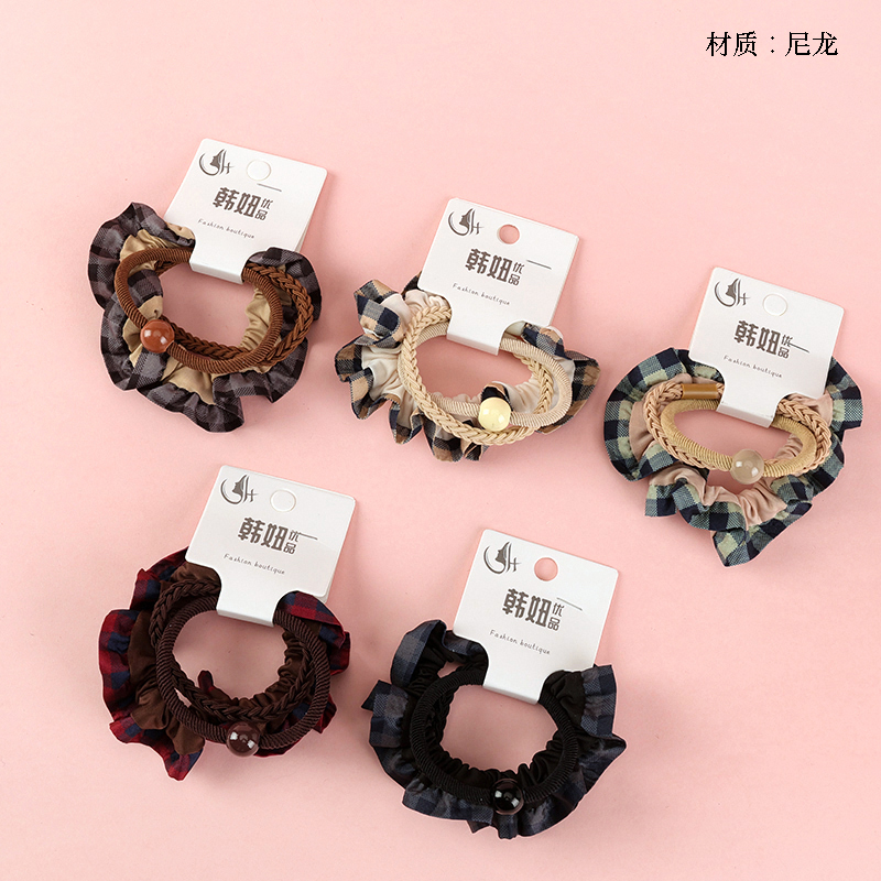 College style check lace combination rubber band (3)