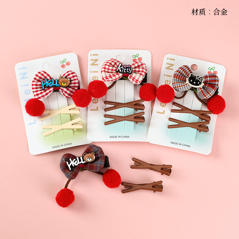 Boxed Check Bow Tie Fur Ball Accessories Duck Clip