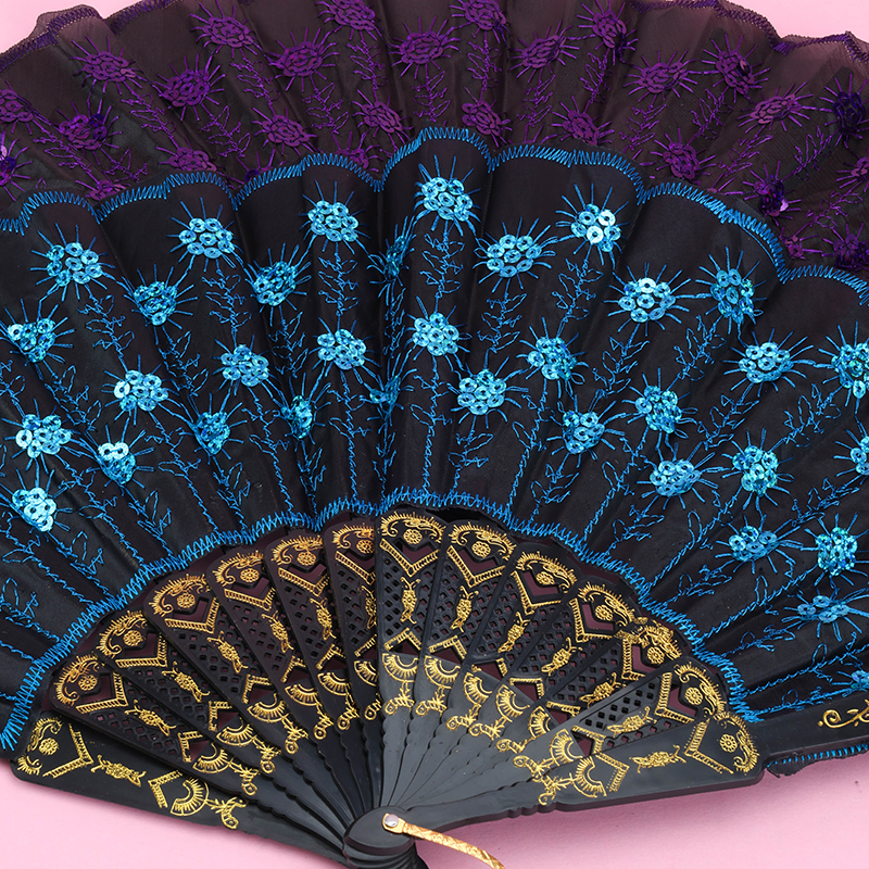 Black Handle Embroidery Sequin Folding Fan
