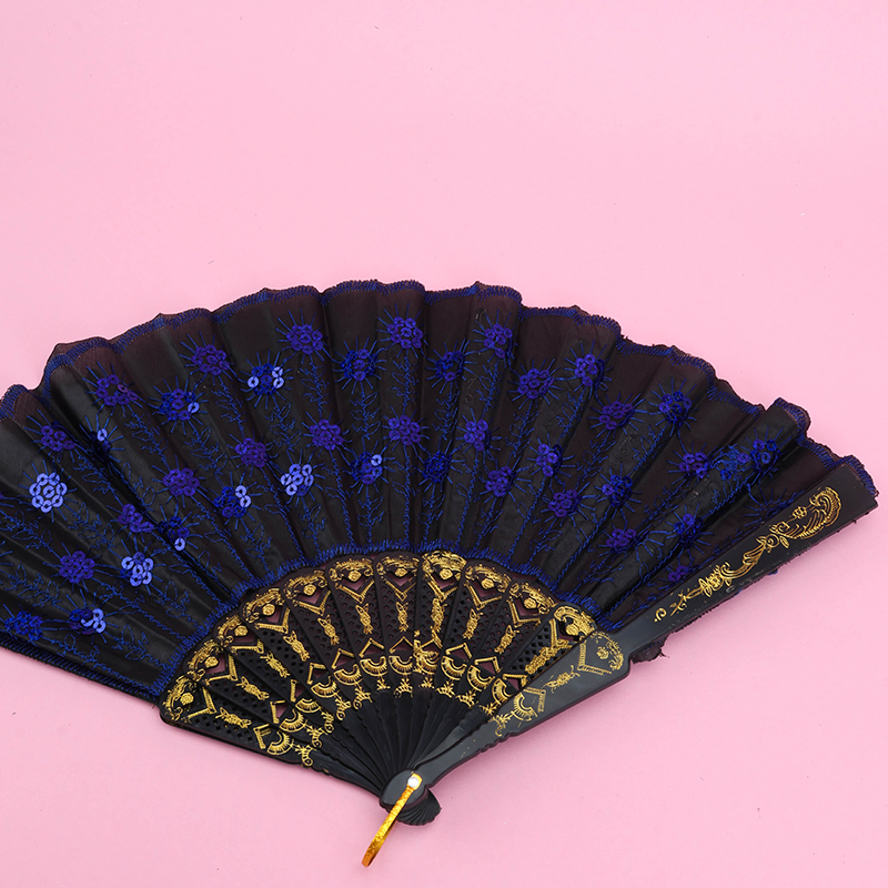 Black Handle Embroidery Sequin Folding Fan