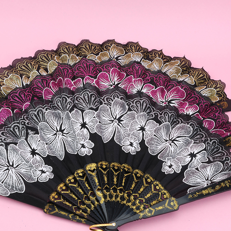 Black Handle Gold Foil Flower Folding Fan