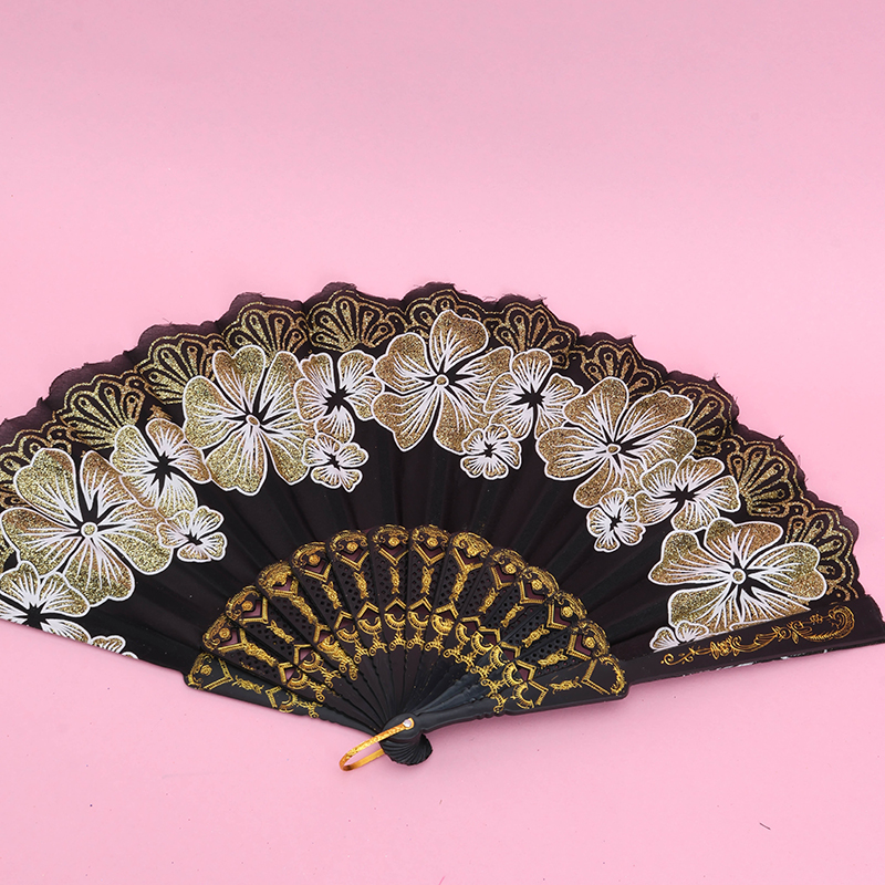 Black Handle Gold Foil Flower Folding Fan