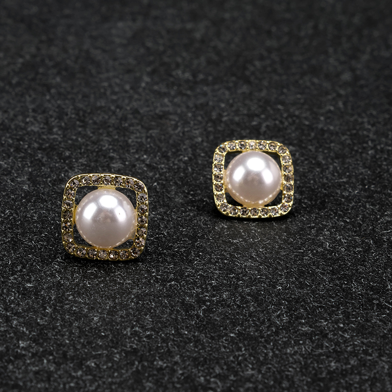 Square Diamond Semi-round Pearl Ear Studs