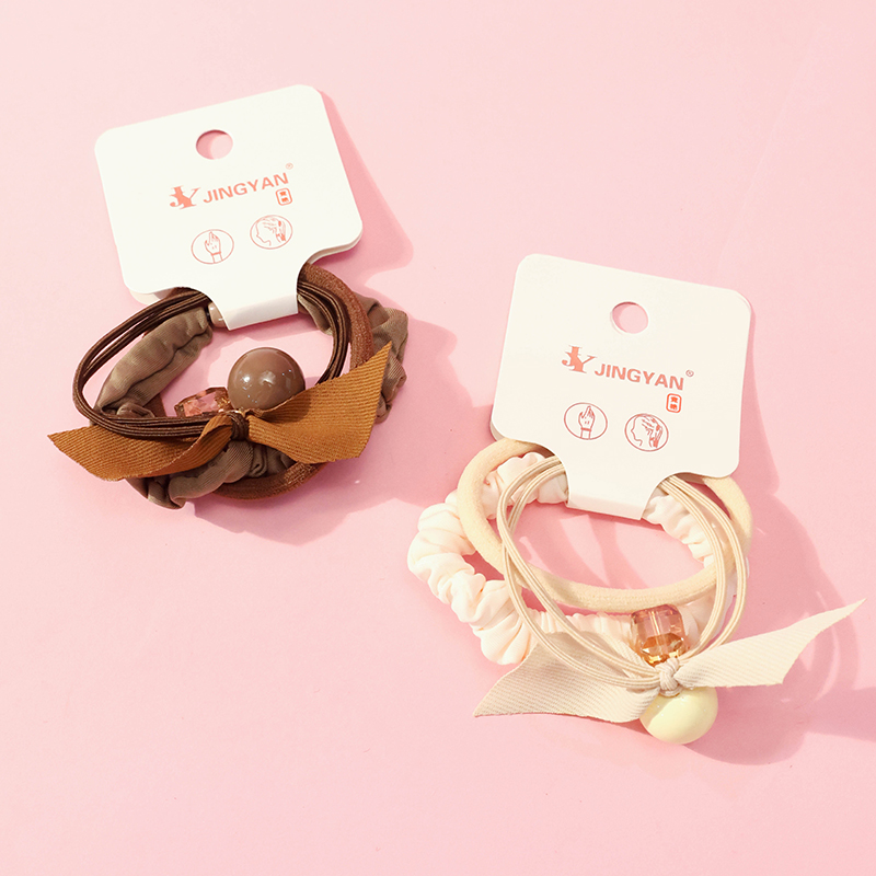 Curry Color Crystal Ribbon Bead Combination Rubber Band 3 Hair Tie