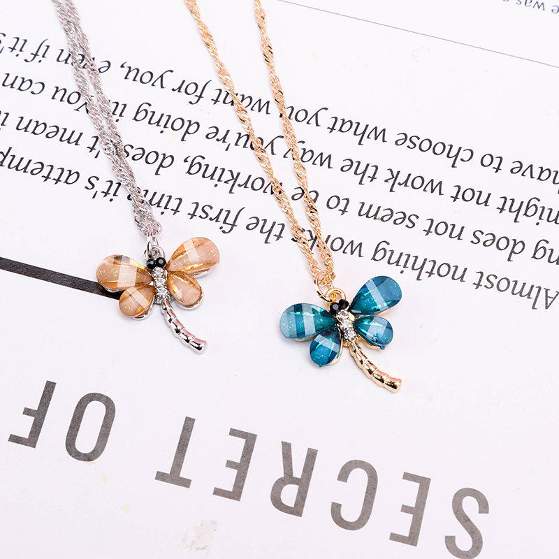 Colorful Diamond Dragonfly Water Wave Necklace