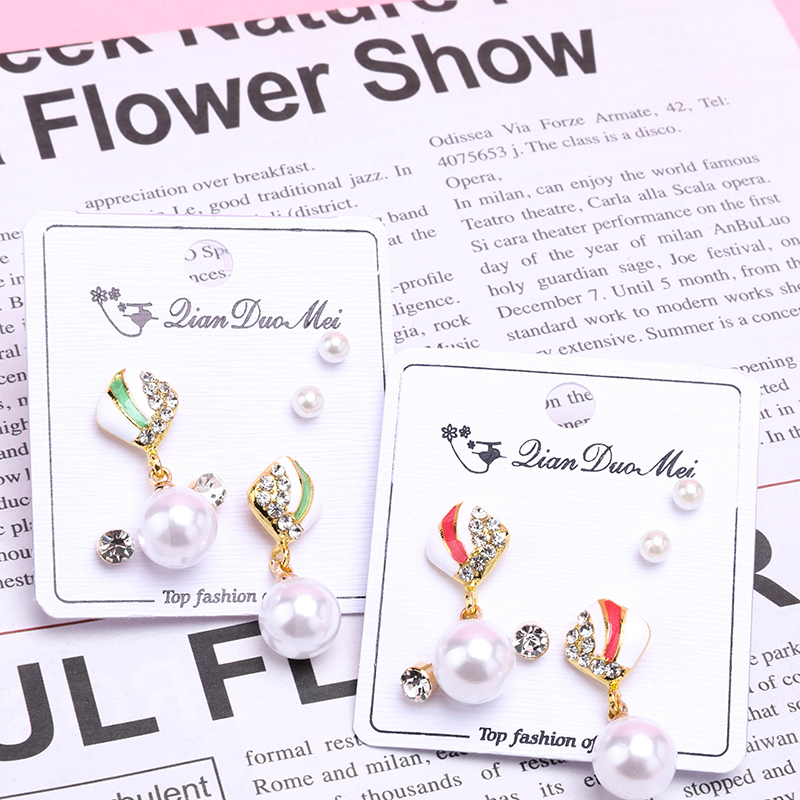 3 Pair Long Diamond Pearl Ear Stud