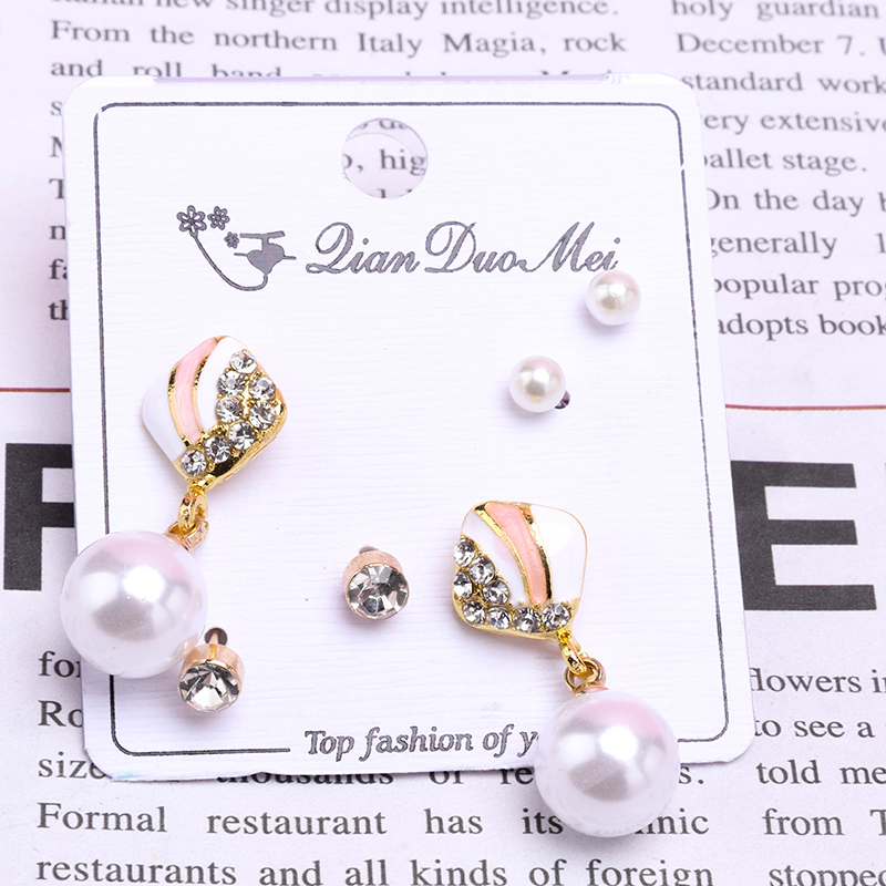 3 Pair Long Diamond Pearl Ear Stud