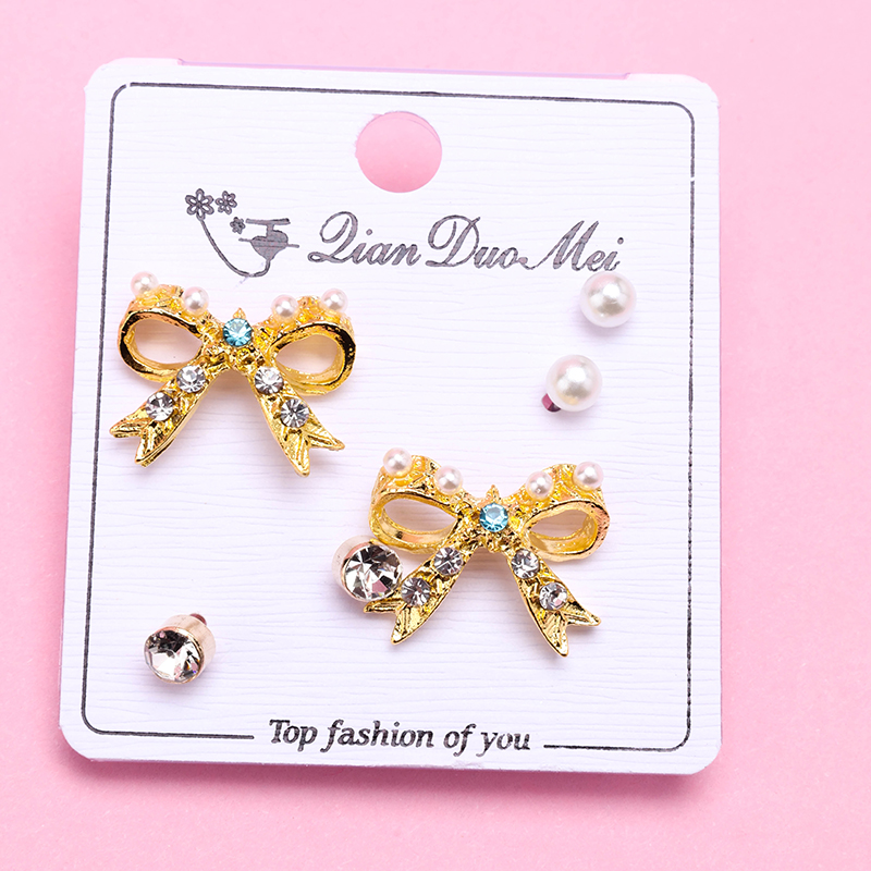 Long Gold Rhinestone Bow Tie Ear Studs 3 Pairs Alloy 4020101135