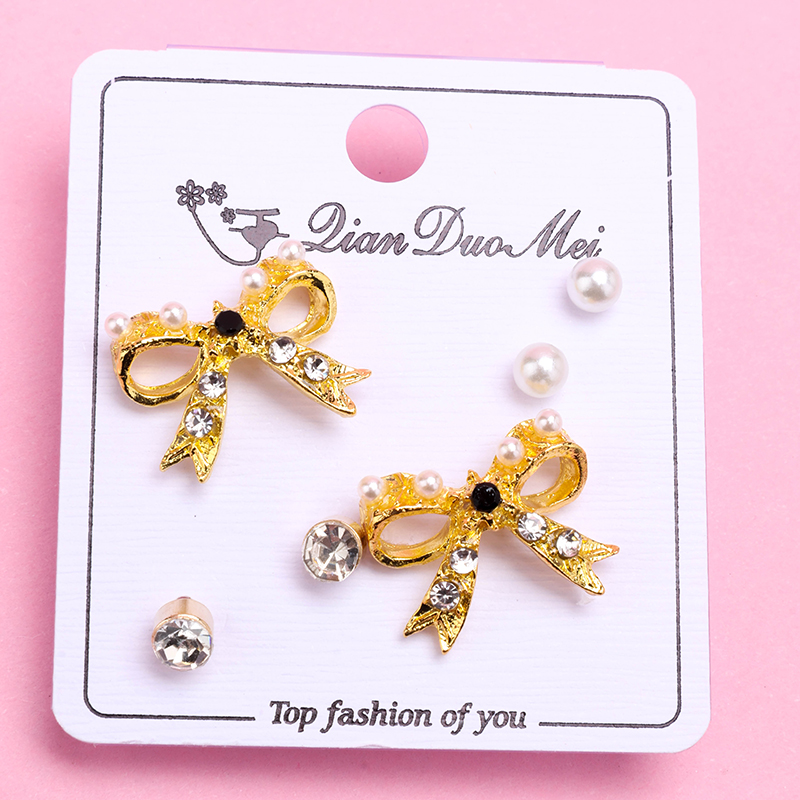 Long Gold Rhinestone Bow Tie Ear Studs 3 Pairs Alloy 4020101135