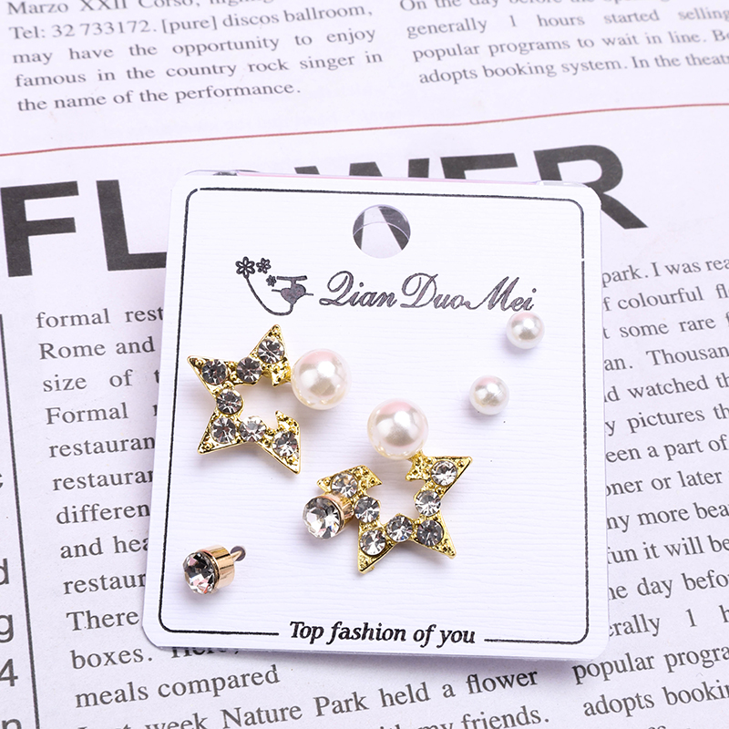 3 Pair Long Star Pearl Ear Stud