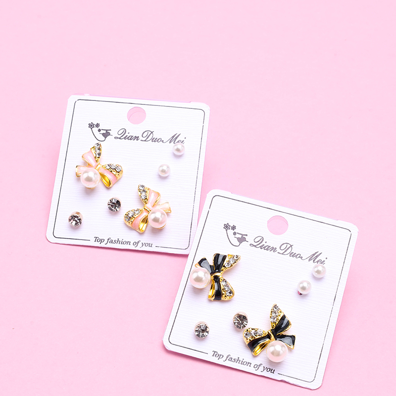 Long Enamel Rhinestone Bow Tie Ear Studs 3 Pairs Alloy 4020101143