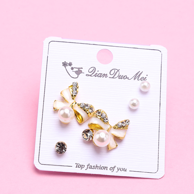 Long Enamel Rhinestone Bow Tie Ear Studs 3 Pairs Alloy 4020101143