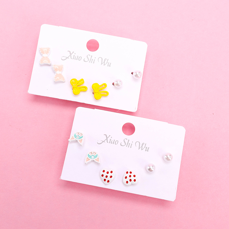 3 Pair Enamel Bow Pearl Ear Stud