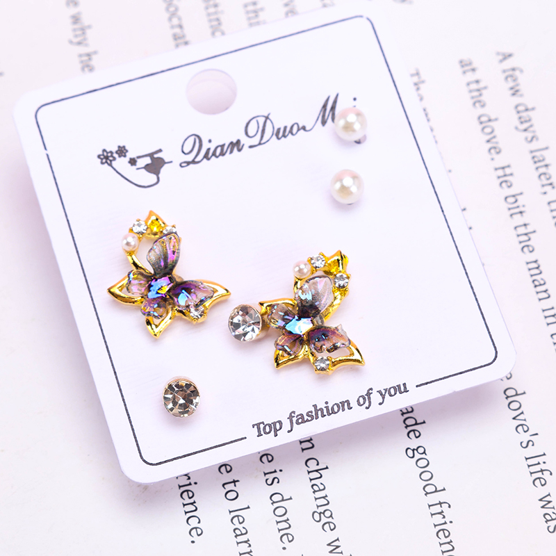 3 Pair Iridescent Zircon Butterfly Ear Stud
