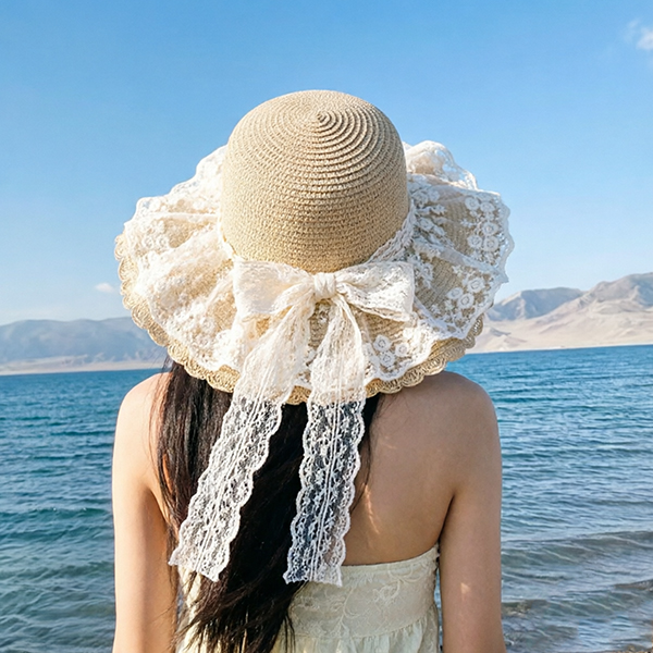 Lace Bow Woven Hat
