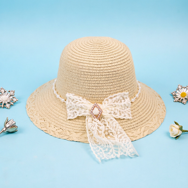Pearl Bow Streamer Woven Hat