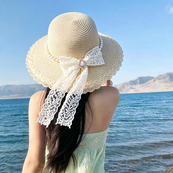 Pearl Bow Streamer Woven Hat