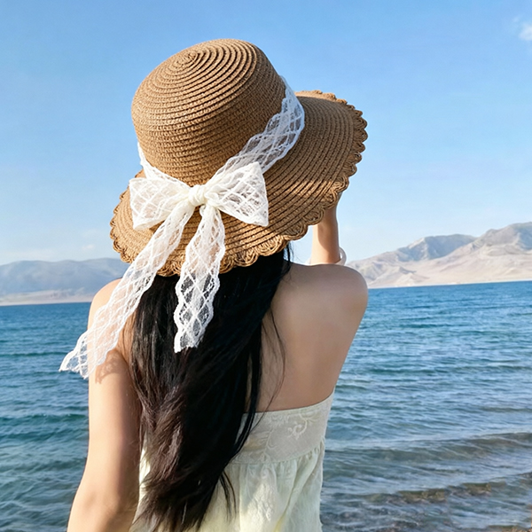 Lace Bow Streamer Woven Hat