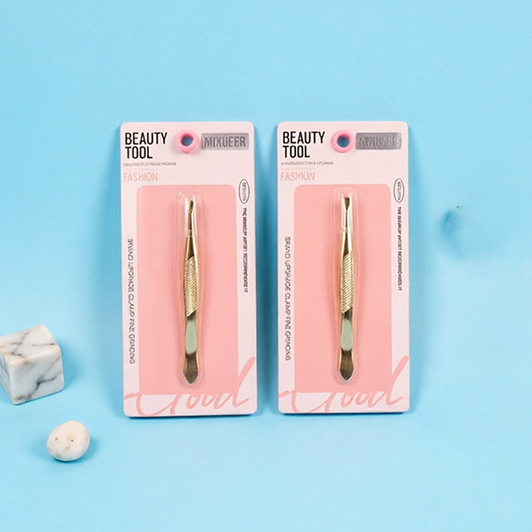 GM-85218 Flat Single Gold Striped Eyebrow Tweezer Stainless Steel