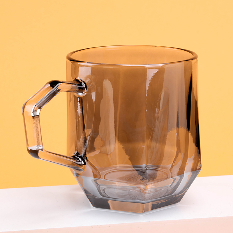 Hexagonal Glass Handle Cup Spray Color Smooth Surface Amber Soot 1210100276