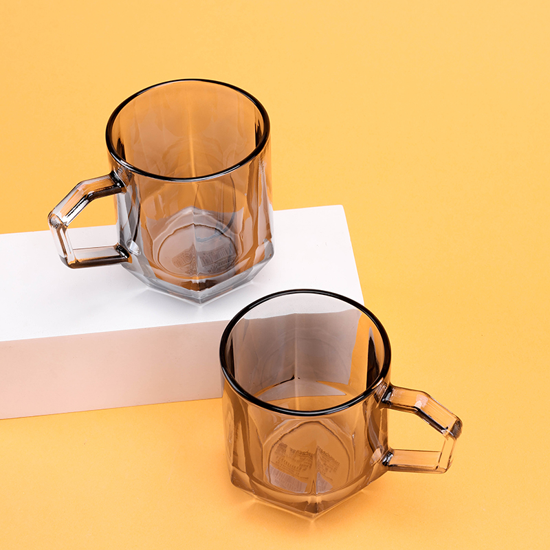 Hexagonal Glass Handle Cup Spray Color Smooth Surface Amber Soot 1210100276