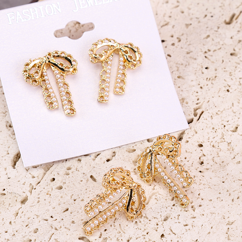Gold Lace Bead Bowtie Ear Studs