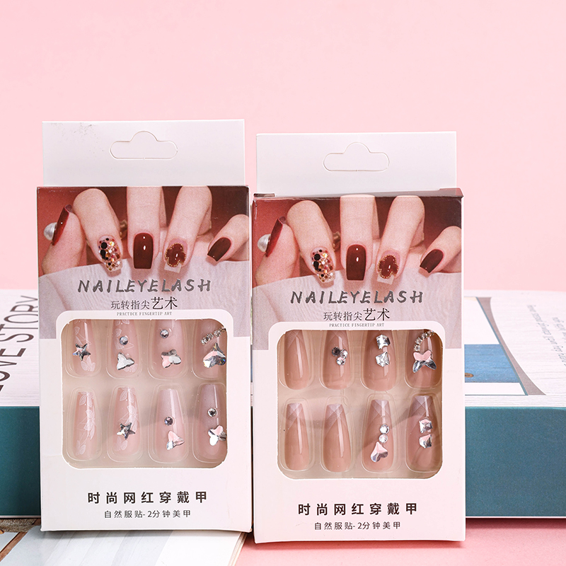 Peach Rhinestone False Nails