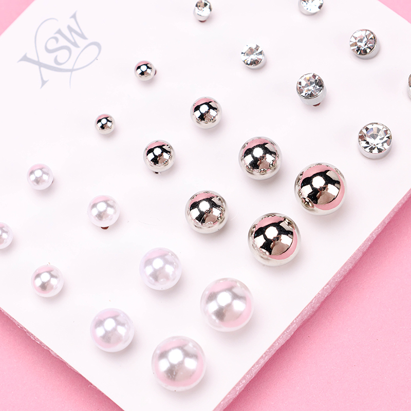 12 Pair Pearl Rhinestone Ear Studs